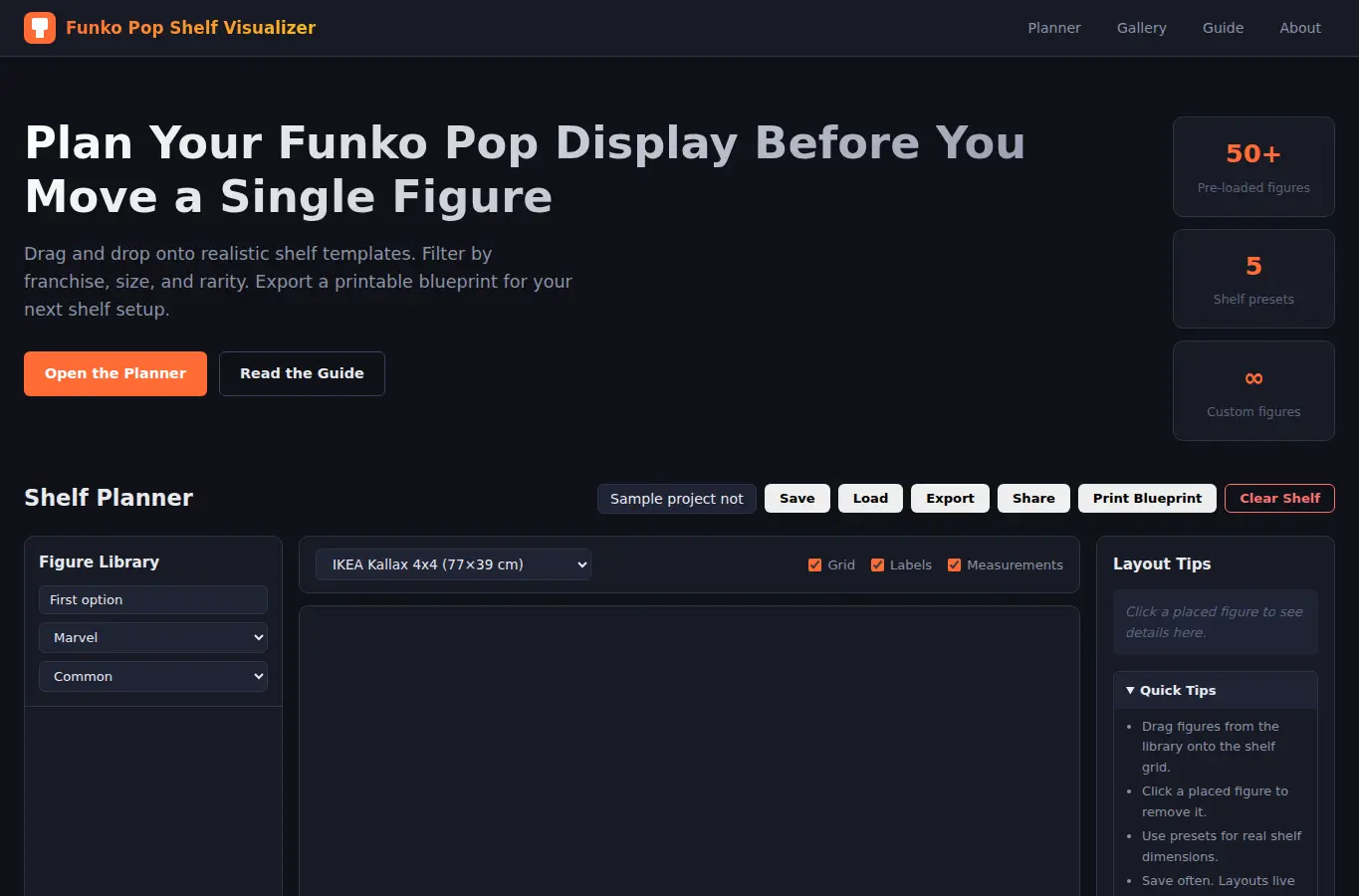 Screenshot of Funko Pop Shelf Visualizer interface showing the project page in use